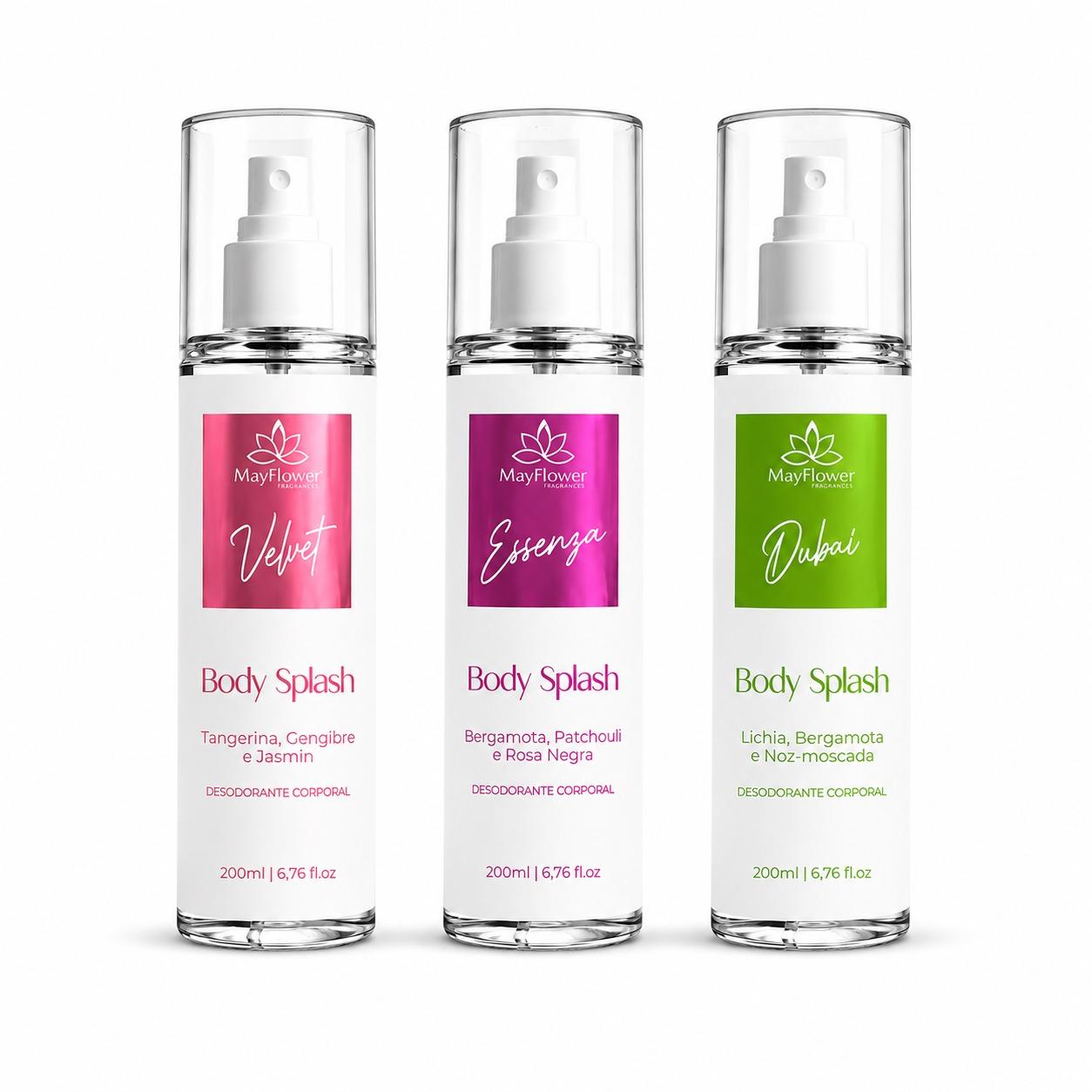 Kit 3 Body Splash MayFlower Velvet, Essenza e Dubai 3x200ml