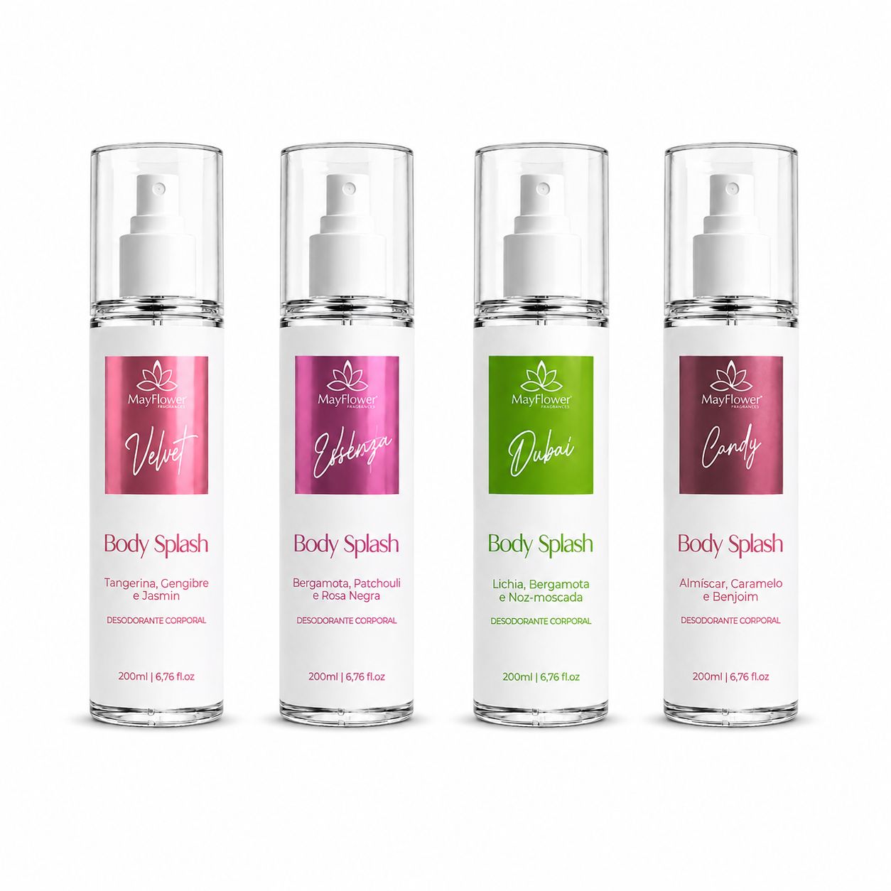 Kit 4 Body Splash MayFlower Velvet, Essenza, Dubai e Candy 4x200ml